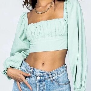Princess Polly Green Ruched Long Sleeve Crop Blouse
